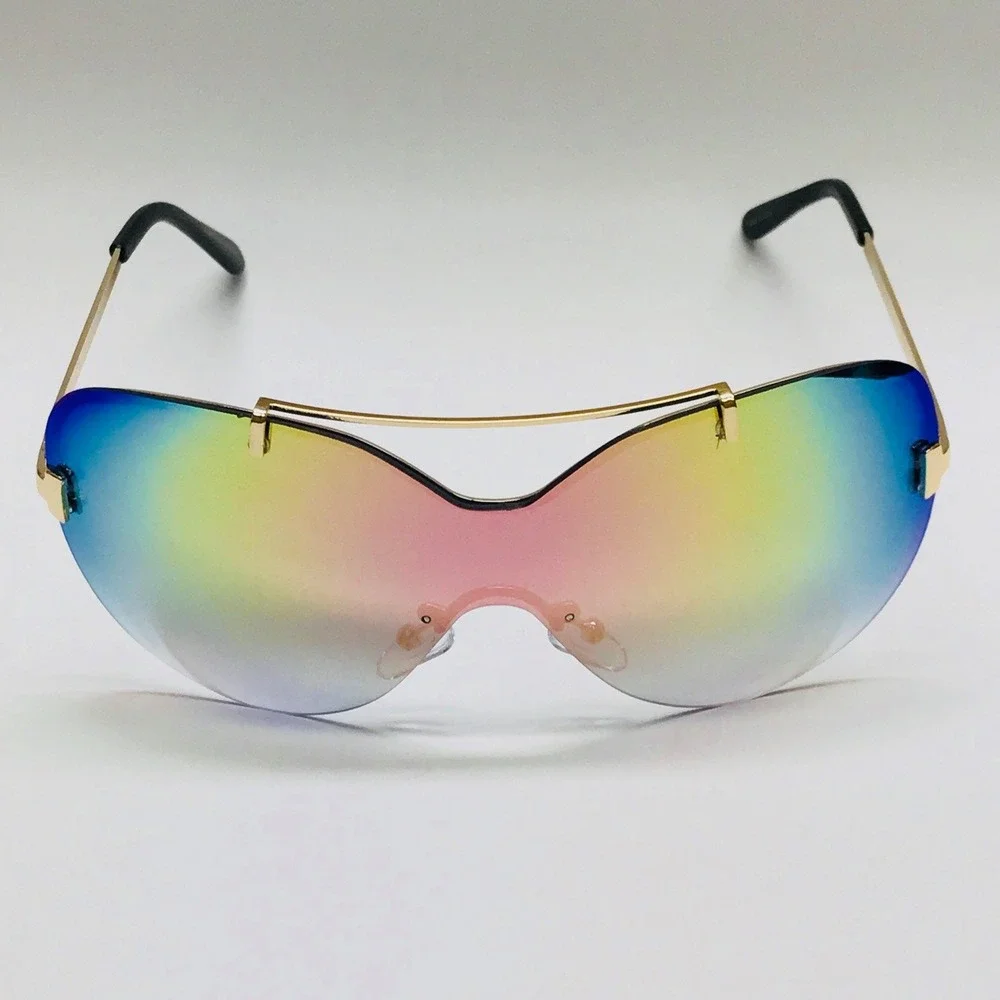Rimless Sunglasses Rainbow‎ Lens Shield Visor Gold Accents Fashion Shades Lentes